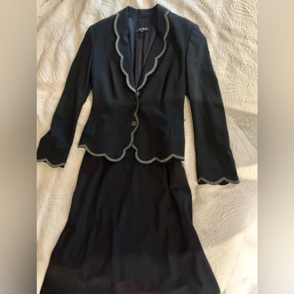 Escada Navy 2 Piece Blue Suit with Scalloped Edging